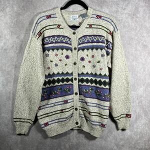 Vintage Northern Treasures Cardigan Sweater Womens Medium Beige Wool Blend Artsy